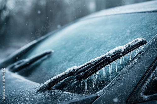 Frozen car windshield with icy wipers and icicles during severe winter weather. Close-up view of ice buildup and dangerous cold conditions.