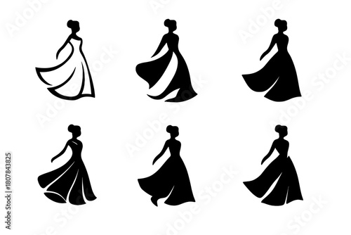 Dynamic Model Logos. model in motion. Icon set. Set Logo of model in motion: flowing dress in motion. harmonious logo variations of the same emblematic