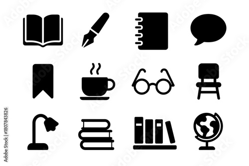 Literature Club Icons. Literature Club. Solid icon set of Literature Club: open book, pen, notebook, speech bubble, bookmark, coffee cup, reading glasses,