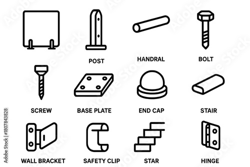 Glass Fence Icons. Glass fence. Line icon set of glass fence: glass panel, post, handrail, bolt, screw, base plate, end cap, deck, wall bracket, safety clip,