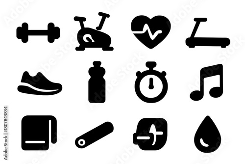 Fitness Icon Set. Fitness tracking. Solid icon set of Fitness tracking: smartwatch, running shoe, heart rate, step counter, dumbbell, stopwatch, water bottle,