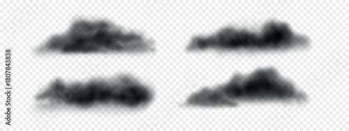 Black PNG realistic clouds. Set of dark clouds, smoke, fog isolated on white background