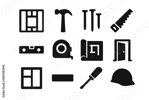 Wall Framing Icons. Wall framing diagram. Solid icon set of wall framing diagram: wall studs, hammer, nails, saw, level tool, measuring tape, blueprint, door