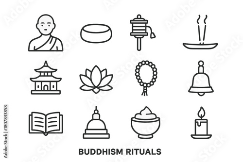 Buddhism Ritual Icons. Buddhism rituals. Line icon set of Buddhism rituals: monk, meditation cushion, prayer wheel, incense, temple, lotus flower, mala beads,