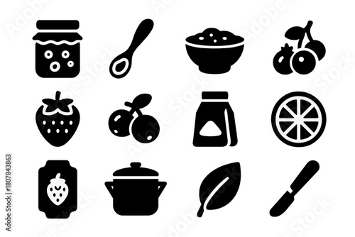 Fruit Preserve Icons. Fruit preserves. Solid icon set of fruit preserves: jar, spoon, bowl, berries, strawberry, cranberry, sugar, lemon slice, label, pot,