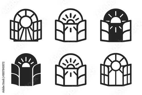 Open Window Icons. Open Window. Icon set. Set Logo of Open Window: Window frame with sunlight. harmonious logo variations of the same emblematic concept, each