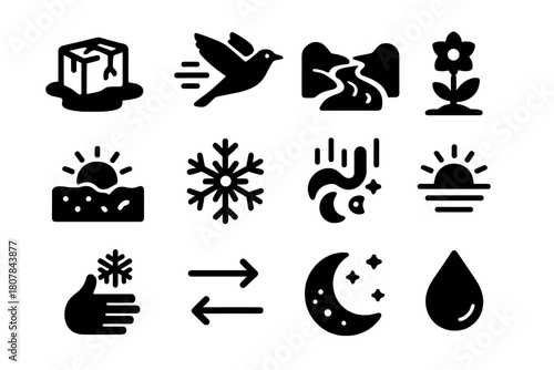 Seasonal Icon Set. Seasonal Changes. Solid icon set of Seasonal Changes: thawing ice, migrating bird, melting stream, early bloom, frozen sunset, snowstorm,