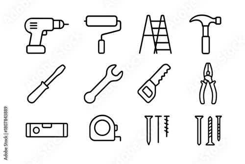 Home Improvement Tools. Home improvement. Line icon set of Home improvement: drill, paint roller, ladder, hammer, screwdriver, wrench, saw, pliers, level, tape