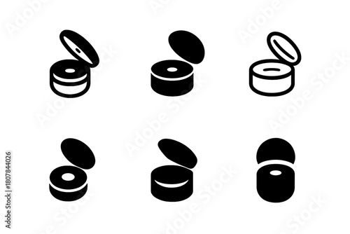 Shampoo Cap Logos. Shampoo bottle cap. Icon set. Set Logo of shampoo bottle cap: hinged lid with sealing ring. harmonious logo variations of the same