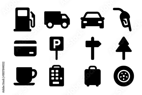 Fuel Station Icons. Fuel station scene. Solid icon set of Fuel station scene: gas pump, truck, car, fuel hose, credit card, parking, road sign, tree, coffee