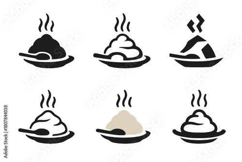 Mashed Potato Icons. Mashed potato mound. Icon set. Set Logo of mashed potato mound: swirl-patterned mashed potatoes served in a bowl. harmonious