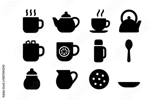 Warm Beverage Icons. Warm Beverages. Solid icon set of Warm Beverages: coffee mug, teapot, cup with steam, kettle, cocoa with marshmallow, mug with lemon,