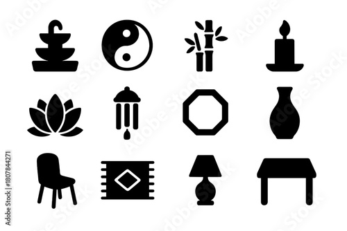 Feng Shui Icons. Feng Shui decor. Solid icon set of Feng Shui decor: water fountain, yin yang, bamboo plant, candle, lotus flower, wind chime, mirror, vase,