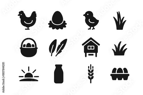 Eggs and Poultry Icons. Eggs & Poultry. Solid icon set of Eggs & Poultry: hen, egg, nest, chick, basket, feathers, coop, grass, sunrise, milk bottle, wheat