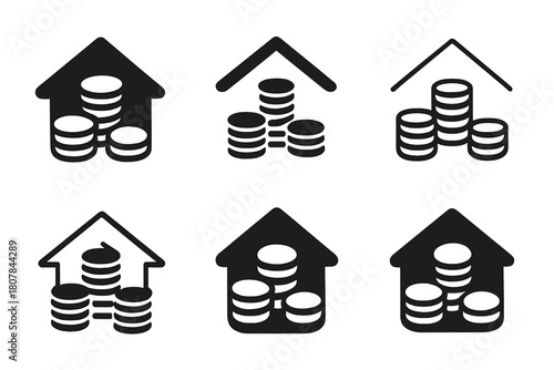 Family Budget Icons. Family budgeting. Icon set. Set Logo of family budgeting: interlocking home and coin symbols. harmonious logo variations of the same
