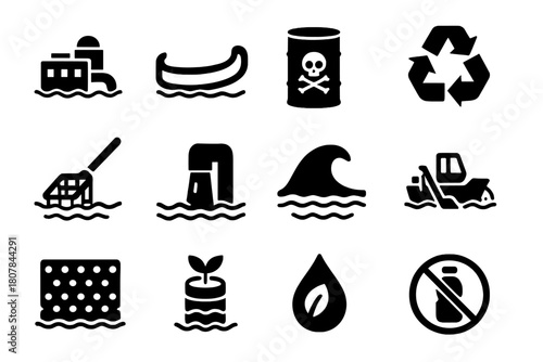 Pollution Prevention Icons. Water pollution prevention. Solid icon set of Water pollution prevention: wastewater plant, oil spill boom, chemical barrel,