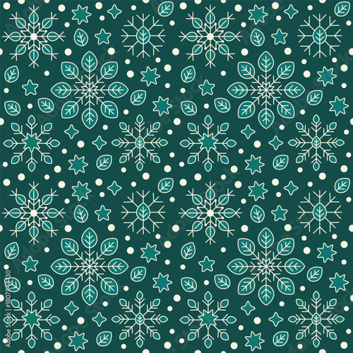 A seamless vector flat pattern featuring eco-themed Christmas snowflakes, leaves, stars, and dots in a clean, minimal winter design.
