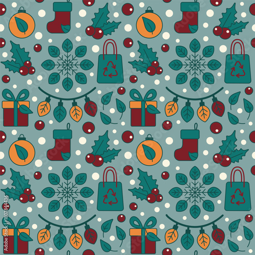 A seamless vector flat pattern featuring eco-friendly Christmas elements such as gifts, stockings, holly, leaves, snowflakes, ornaments, and reusable bags in a festive, nature-inspired design.
