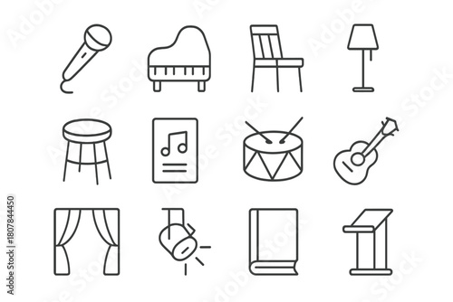 Musical Props Icons. Props for musical. Line icon set of Props for musical: microphone, piano, chair, lamp, stool, music sheet, drum, guitar,