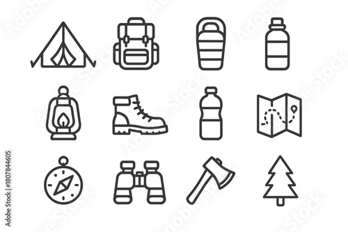 Camping Icons Set. Camping trip. Line icon set of Camping trip: tent, backpack, sleeping bag, campfire, lantern, hiking boots, water bottle, map, compass,