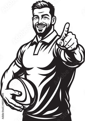 Confident smiling bearded rugby player holding a ball and pointing upwards in a monochrome vector style.