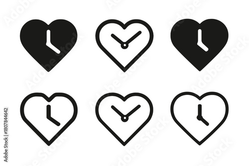 Relationship Distance Icons. Distance in relationship. Icon set. Set Logo of distance in relationship: clock and heart fusion. harmonious logo variations of