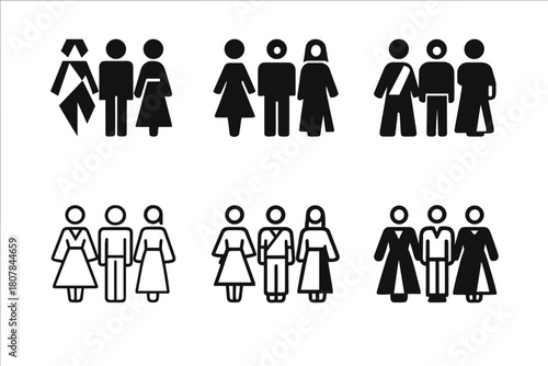 Diverse Fashion Logos. Diversity in fashion. Icon set. Set Logo of diversity in fashion: hand-drawn figures wearing diverse outfits. harmonious logo variations