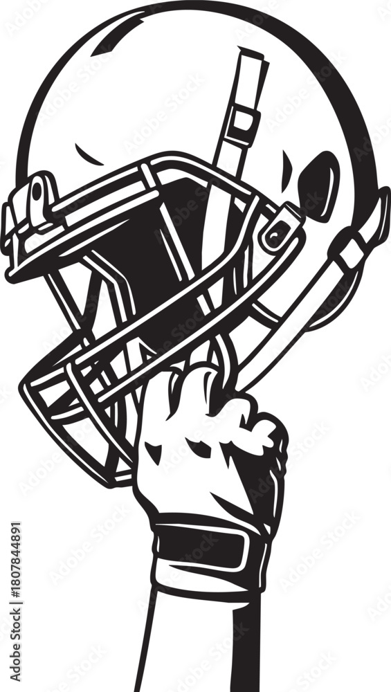 Fototapeta premium A gloved hand raises an American football helmet in a gesture of victory or celebration, depicted in a black and white graphic style.