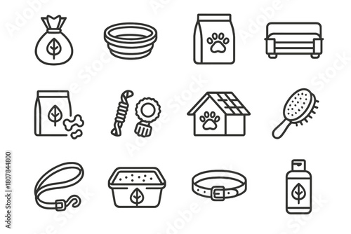 Eco-Friendly Pet Care Icons. Eco pet care essentials. Line icon set of Eco pet care essentials: biodegradable poop bags, reusable water bowl, eco-friendly pet