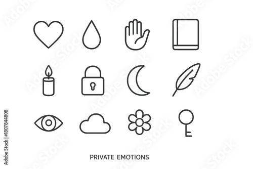 Private Emotions Icons. Private emotions. Line icon set of private emotions: heart, tear, hand, journal, candle, lock, moon, feather, eye, cloud, flower, key.