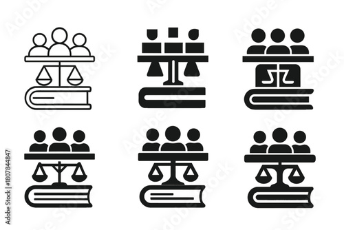 Courtroom Jury Logos. Jury in the courtroom. Icon set. Set Logo of Jury in the courtroom: Law book. harmonious logo variations of the same emblematic concept,