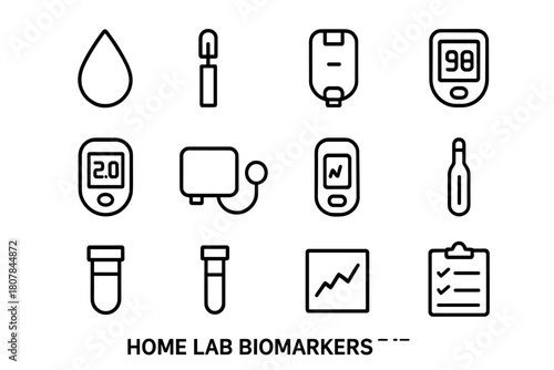 Home Lab Biomarkers Icons. Home lab biomarkers. Line icon set of home lab biomarkers: blood drop, lancet, test strip, glucometer, ketone meter, blood pressure