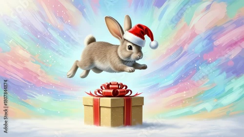 Cute rabbit wearing Santa hat hopping over gift box in festive winter scene. Holiday greeting animal concept.