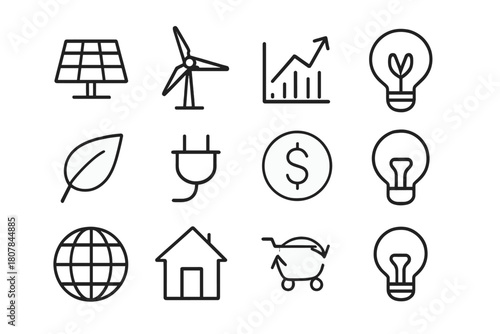 Green Energy Icons. Green Energy Market. Line icon set of Green Energy Market: solar panel, wind turbine, graph, leaf, plug, coin, light bulb, globe, house,