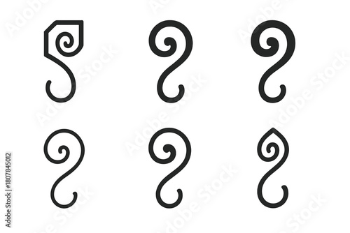 Decorative Curtain Hook Icons. Curtain hook. Icon set. Set Logo of curtain hook: decorative hook design with ornamental curve. harmonious logo variations of