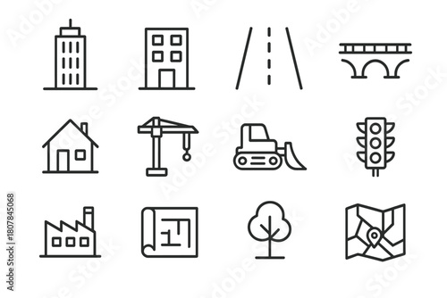 Urban Planning Icons. Urban expansion planning. Line icon set of Urban expansion planning: skyscraper, apartment building, road, bridge, house, construction
