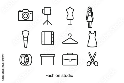 Fashion Studio Icons. Fashion studio. Line icon set of fashion studio: camera, light stand, mannequin, model, makeup brush, mirror, hanger, dress, lens, table,