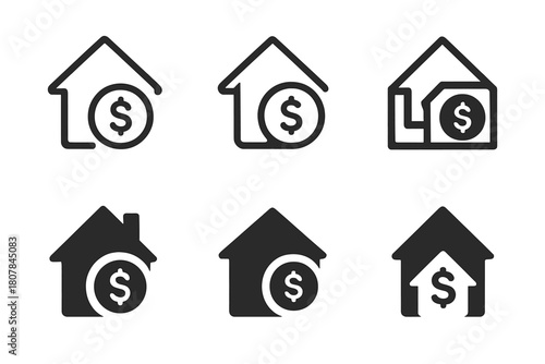 Family Budget Icons. Family budgeting. Icon set. Set Logo of family budgeting: interlocking home and coin symbols. harmonious logo variations of the same