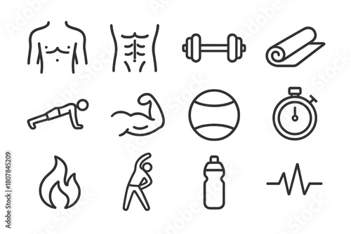 Core Strength Icons. Core Strength. Line icon set of Core Strength: torso, abs outline, dumbbell, yoga mat, plank pose, muscle, balance ball, stopwatch, flame,