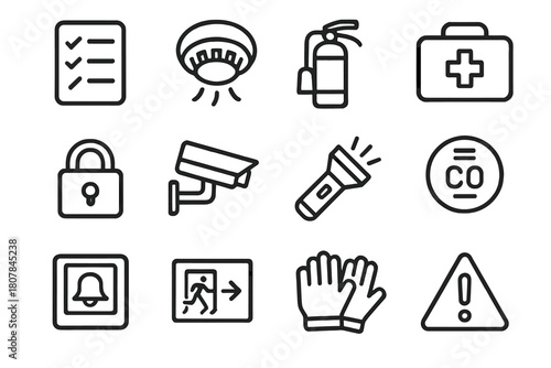 Safety Inspection Icons. Safety inspection. Line icon set of Safety inspection: checklist, smoke detector, fire extinguisher, first aid kit, lock, security
