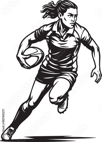 Monochrome illustration of a female rugby player running with the ball.