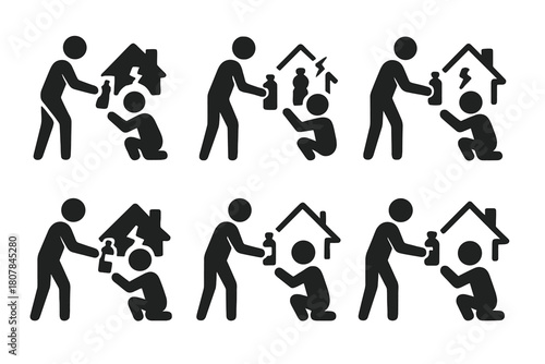 Volunteer Aid Logos. Volunteers distributing food and supplies in disaster areas. Icon set. Set Logo of Volunteers distributing food and supplies in disaster