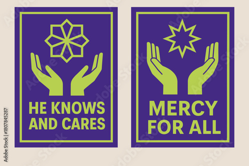 Knowledge & Mercy Banners. Knowledge & Mercy. Two vertical A6 banners with safe margins, centered composition, no elements touching edges, geometric, royal