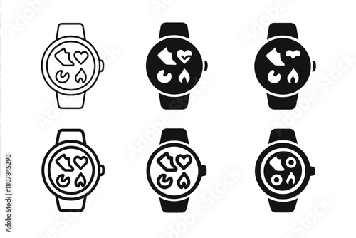 Fitness Tracker Logos. A close-up of a fitness tracker or smartwatch showing workout stats. Icon set. Set Logo of fitness tracker: smart wristband with