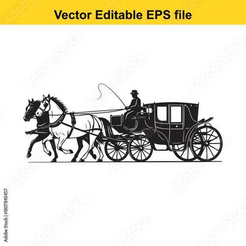 Elegant horsedrawn carriage with a coachman, a symbol of historical transportation, isolated on a classic vehicle from bygone eras