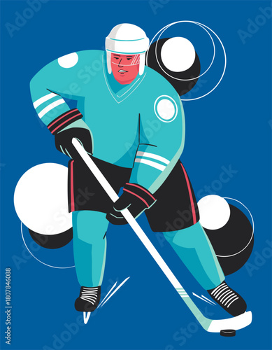 An ice hockey player in uniform is standing with a stick and a puck. Vector illustration.
