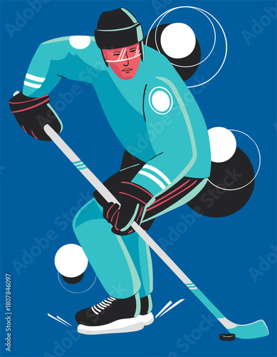 An ice hockey player in uniform is standing with a stick and a puck. Vector illustration.