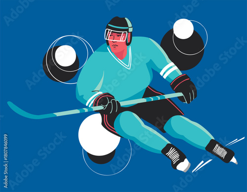 An ice hockey player in uniform is standing with a stick and a puck. Vector illustration.