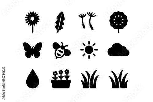 Springtime Icons. Springtime bloom. Solid icon set of Springtime bloom: dandelion flower, stem, leaf, seeds, seed puff, butterfly, bee, sun, cloud, dew drop,