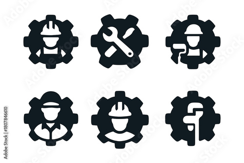 Gear Icon Set. Blue-collar worker. Icon set. Set Logo of Gear: Machinery cogwheel. Negative space, Symmetrical form, Flat solid, Minimal outline, Iconic shape,